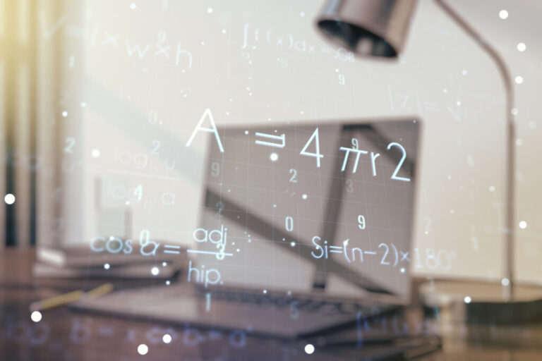 Creative scientific formula hologram on modern laptop background, research concept